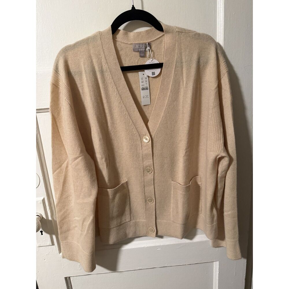 J.Crew Cashmere V-Neck Patch-Pocket Cardigan Beige Heather Sand Large NWT CB881